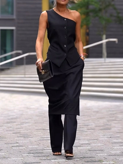 Solid Color One-shoulder Vest & High-waisted Pants Suit