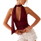 Deep V-neck Ruched Slim-fit Backless Short Womens Top