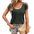 European And American-style Short-sleeve Knitted Top With Openwork
