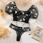Women's Bubble Sleeve Embroidery Mesh Steel Ring Gathered Vest Sexy Lingerie Two-piece Suit