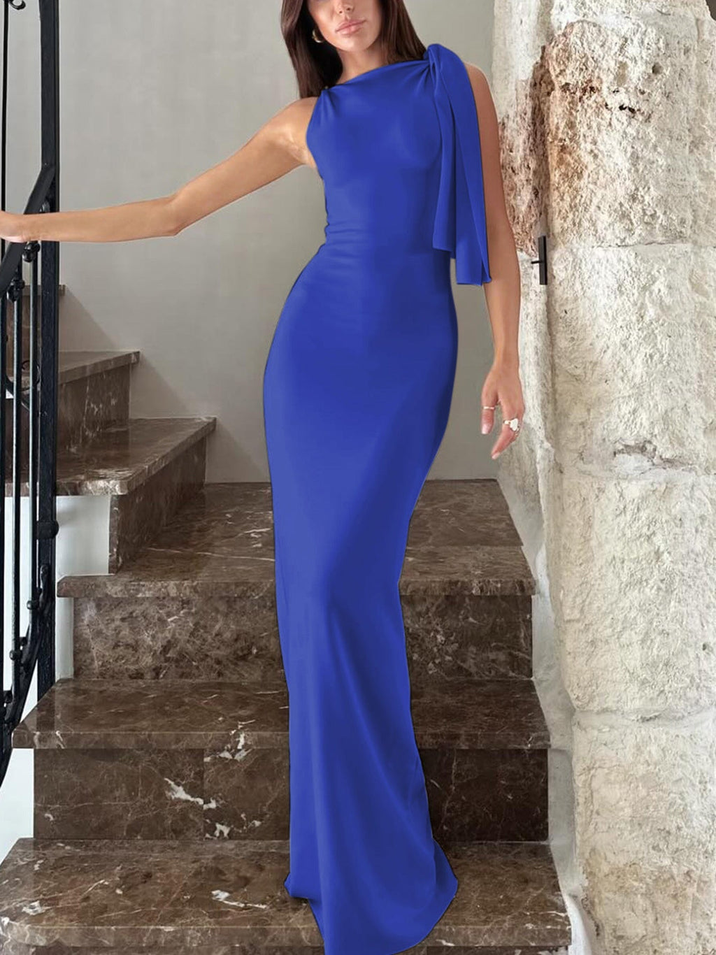 One-shoulder Ribbon Long Dress Ins Fashion Slim Sleeveless Dresses For Evening Party Club Clothing Women