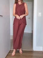 Brown Sleeveless Top High Waist Wide Leg Pants Set