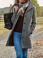 Women's Casual Tweed Coat - Solid Color Mid-Length H-Silhouette Button Front Long Sleeve