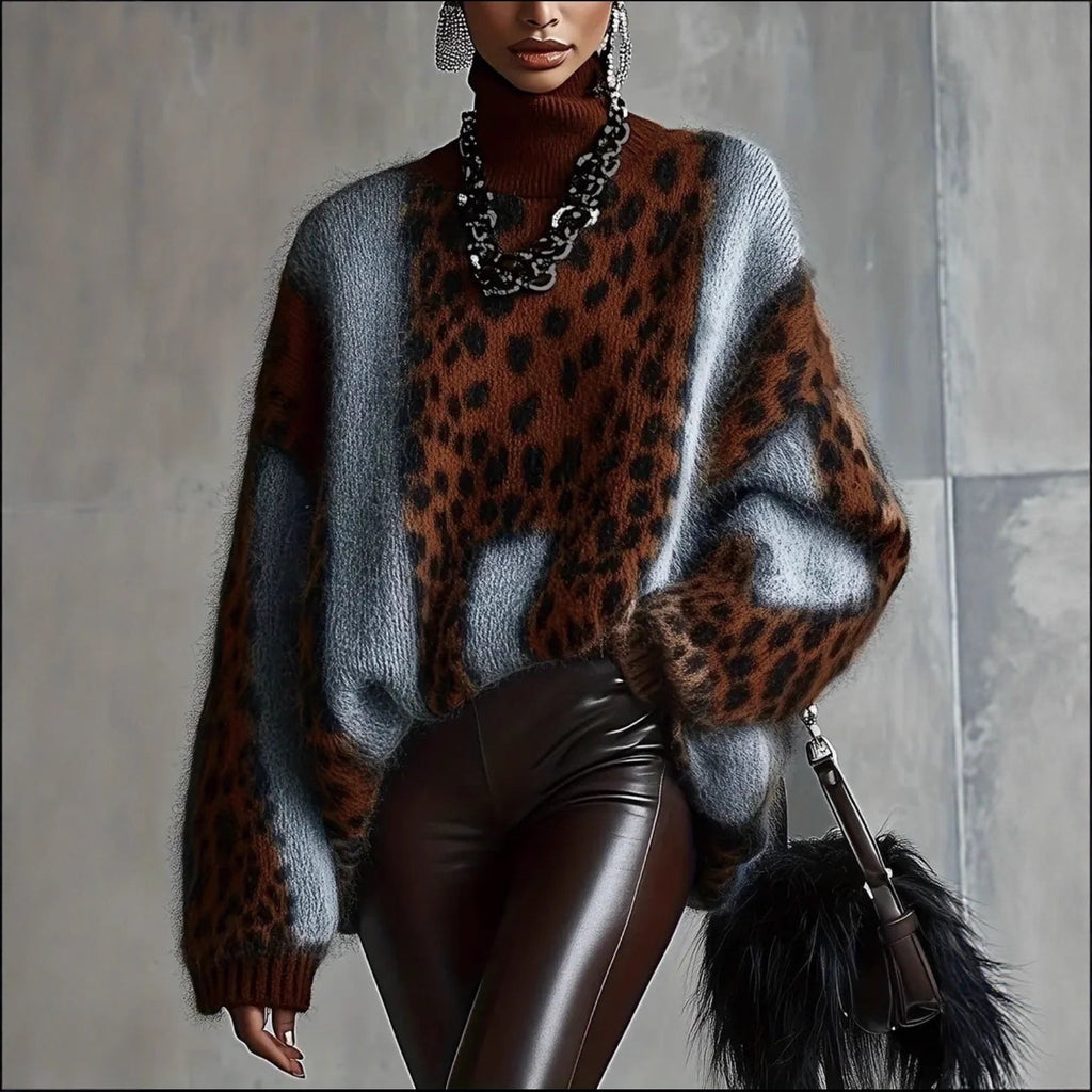 Leopard Print Loose Fit Vintage Patchwork Knit Sweater