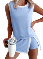 1Set Ribbed Sleeveless Top Shorts Set Women Summer Casual Two Piece Outfit