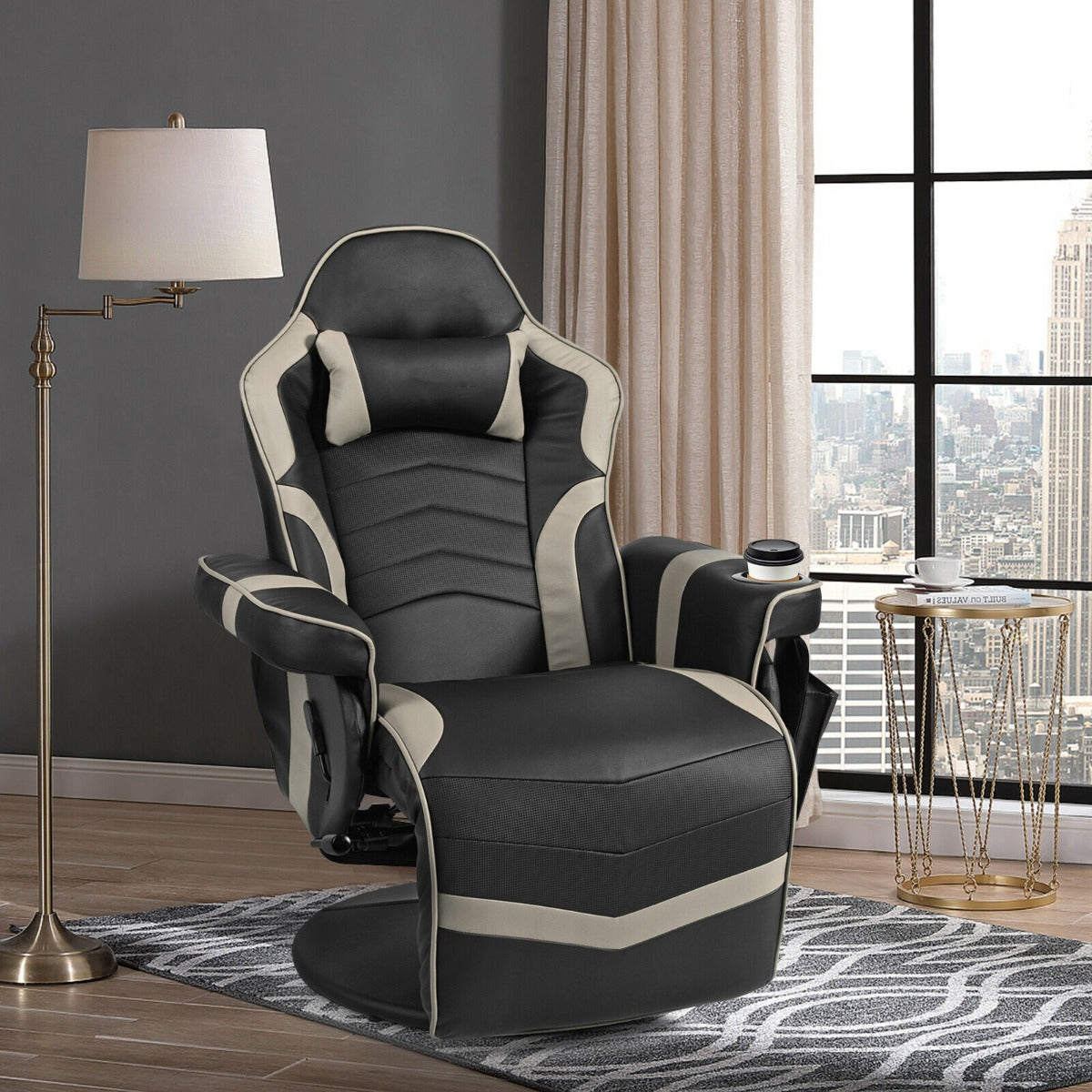 Electric Massage Gaming Chair with Cup Holder and Side Pouch-Black