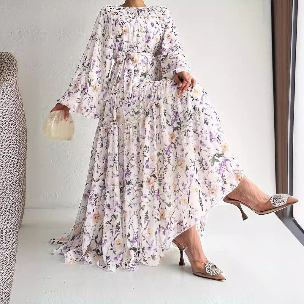 Chiffon Floral Dress With Belt Long Length Stylish And Elegant