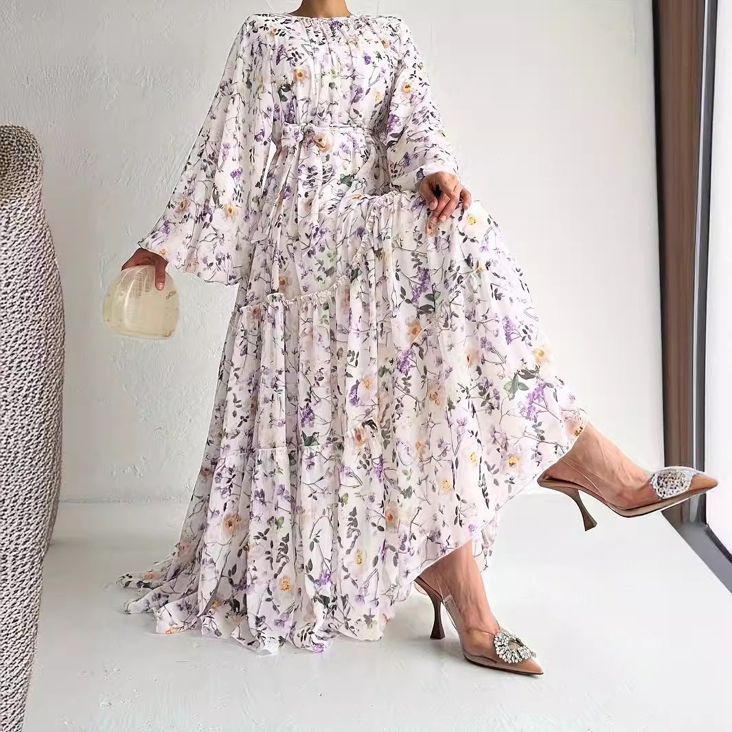 Chiffon Floral Dress With Belt Long Length Stylish And Elegant