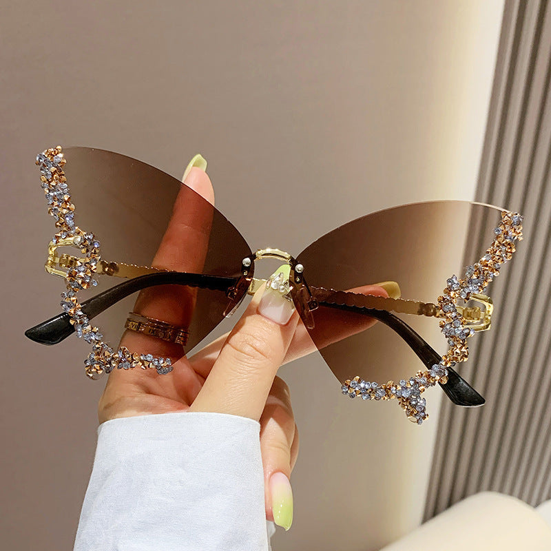 Luxus Diamant Schmetterling Sonnenbrille Damen Marke Y2K Vintage Randlose Oversized Sonnenbrille Damen Brillen Shades