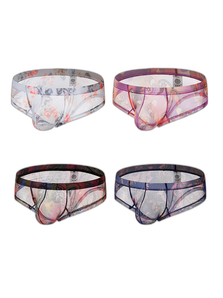 4-pack Men's Lace Print Sheer Mesh Bohemian Boxer Briefs
