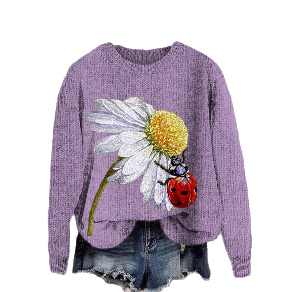Digital-print Rabbit Amidst A Floral Meadowartistic Outfit Warm Chunky-knit Crewneck Hoodie