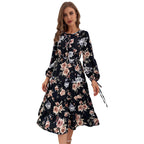 Womens Crew-neck Long-sleeve Tie-dye Printed Dress