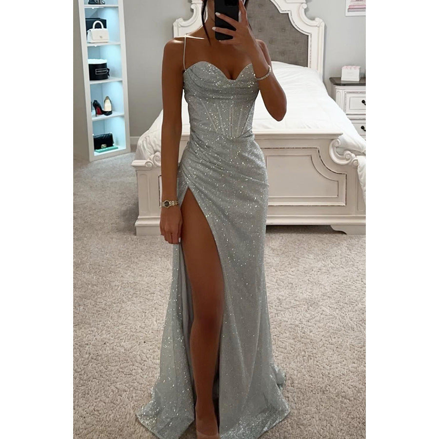 Women's V-Neck Split Maxi Dress - Elegant Sleeveless Evening Party Gown