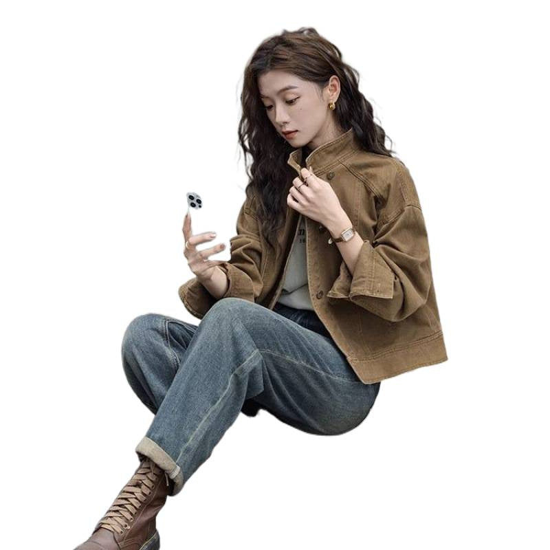 Korean Retro Workwear Stand-collar Jacket For Women