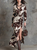 Digital-print Cardigan Long-sleeve Button-down Irregular-length Dress