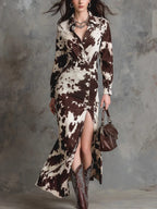 Digital-print Cardigan Long-sleeve Button-down Irregular-length Dress