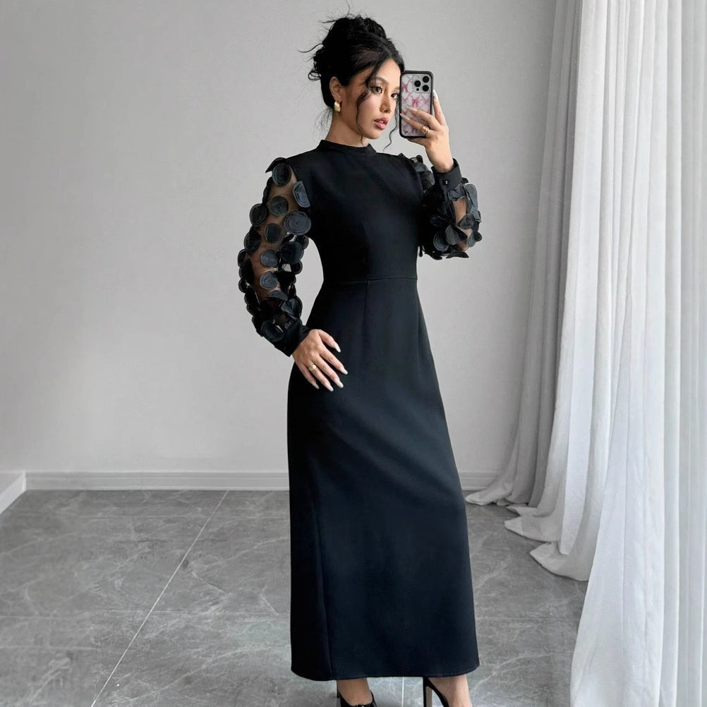 New Arrival Elegant Lace-spliced Dress With A Stand-up Collar
