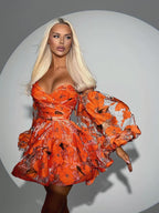 Elegant Floral Lantern Sleeve Off-The-Shoulder Mini Dress