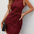 Hollow Stand Collar Women's Fitted Elegant Lace Dress