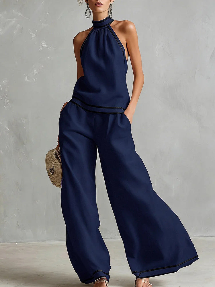 Womens Striped Patchwork Halterneck Sleeveless Wide-Leg Pants Set