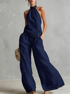 Womens Striped Patchwork Halterneck Sleeveless Wide-Leg Pants Set