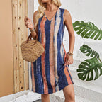 V-neck Casual Striped Color Block Sleeveless Dress