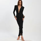 New Sexy Deep-V Pleated Design Elegant Figure-hugging Sheath Dress