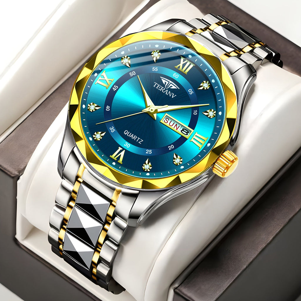 Men's Diamond Shell Calendar Watch - Stainless Steel Luxury Timepiece