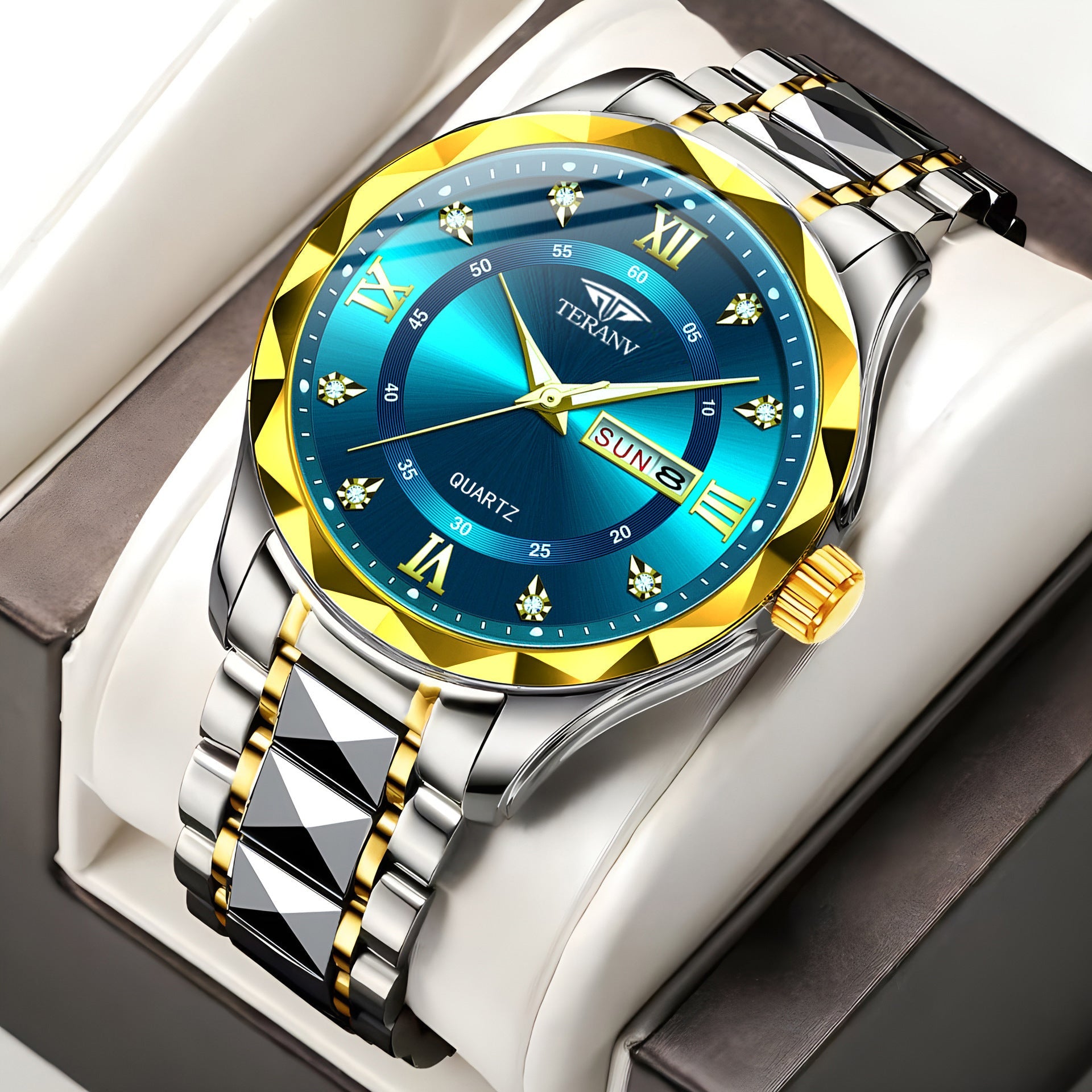 Men's Diamond Shell Calendar Watch - Stainless Steel Luxury Timepiece