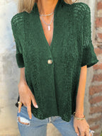 V-neck Single-button Half-sleeved Cardigan Hollow Out Knitted Tops For Women Clithing