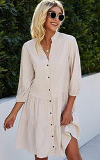Plaid Printed Ruffle Dress V Neck Button Three-quarter Sleeves Dresses For Women Clothing
