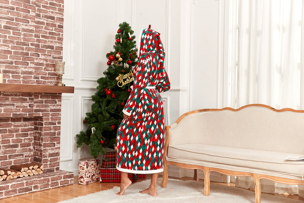 RONGTAI Womens Plush Fleece Hooded Bathrobe, Thick Nightgown Long Robe Sleepwear With Two Side Pockets And Belt