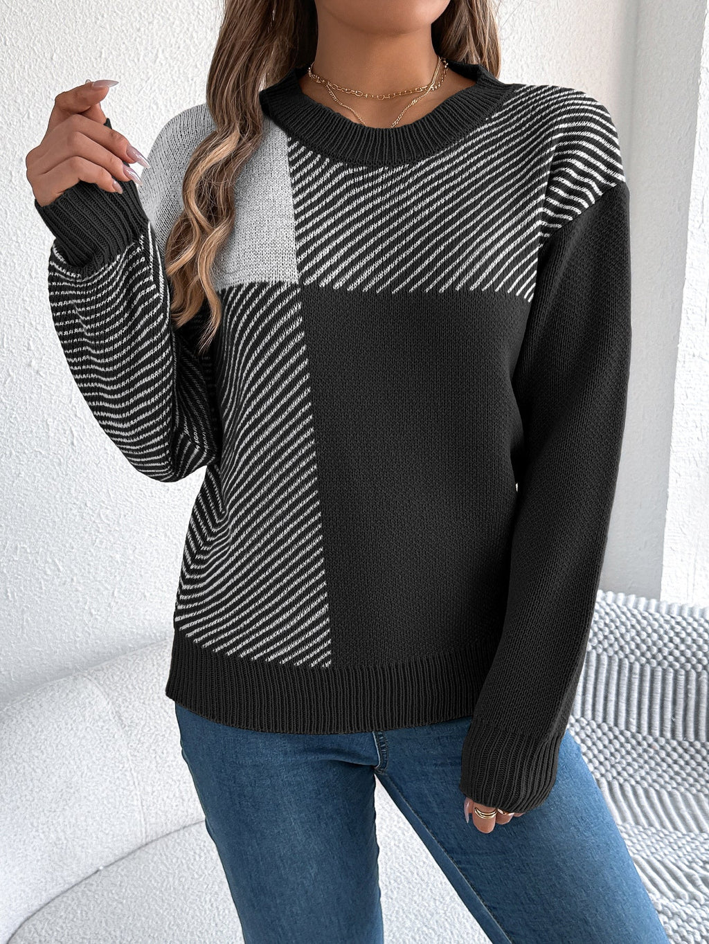 Women Casual Color Block Plaid Long Sleeve Pullover Sweater