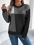 Women Casual Color Block Plaid Long Sleeve Pullover Sweater