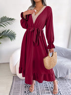 Women's Elegant V-Neck Lace Waist-Defined Hem Ruffle Maxi Dress