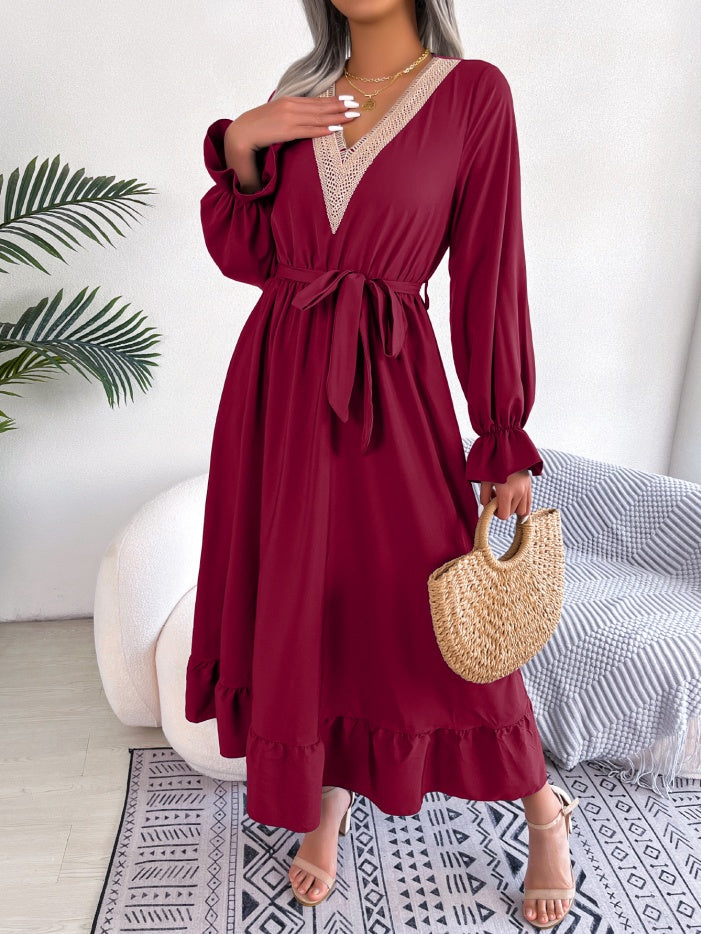 Women's Elegant V-Neck Lace Waist-Defined Hem Ruffle Maxi Dress