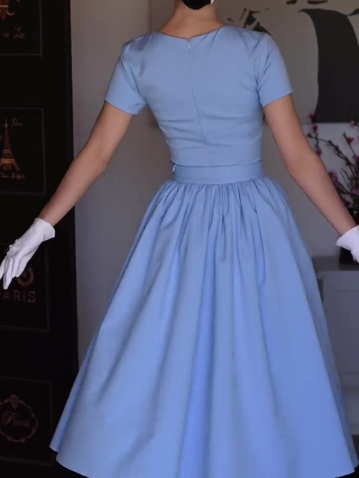 Light Blue Elegant Short-sleeved Belt Dress Two-piece Set
