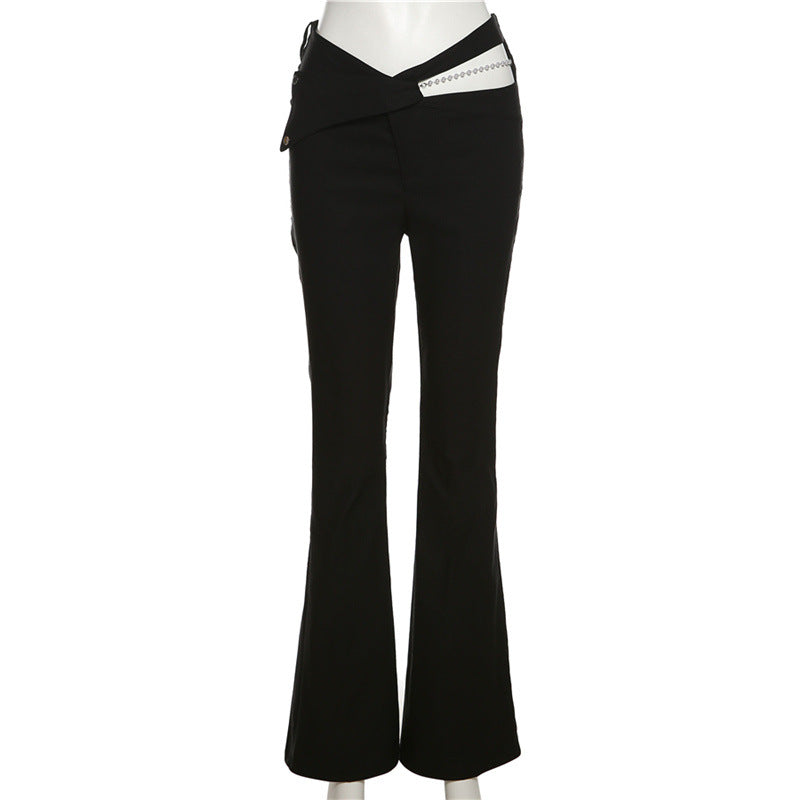 Hipster Street Hollow-out Fashion High Waist Slimming Pearl Chain Casual Trousers