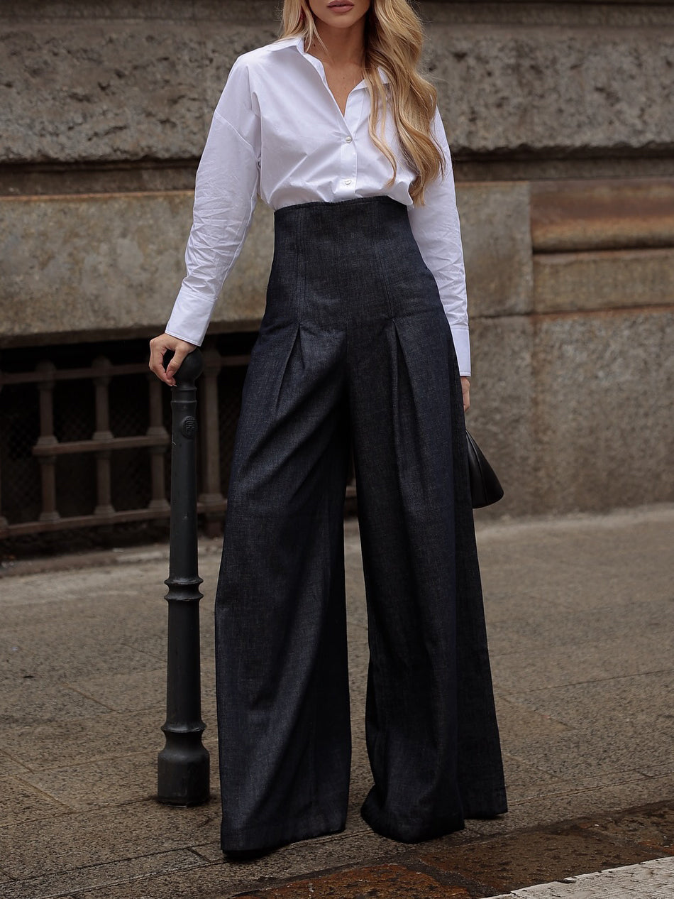 Elegant High Waist Wide Leg Jeans - Classic Denim Trousers for Women