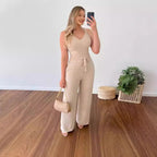 Women's Solid Color Slim Elastic Pleated Two-Piece Suit Sexy Spaghetti Strap V-neck Backless Vest High Waist Wide Leg Pants Suit