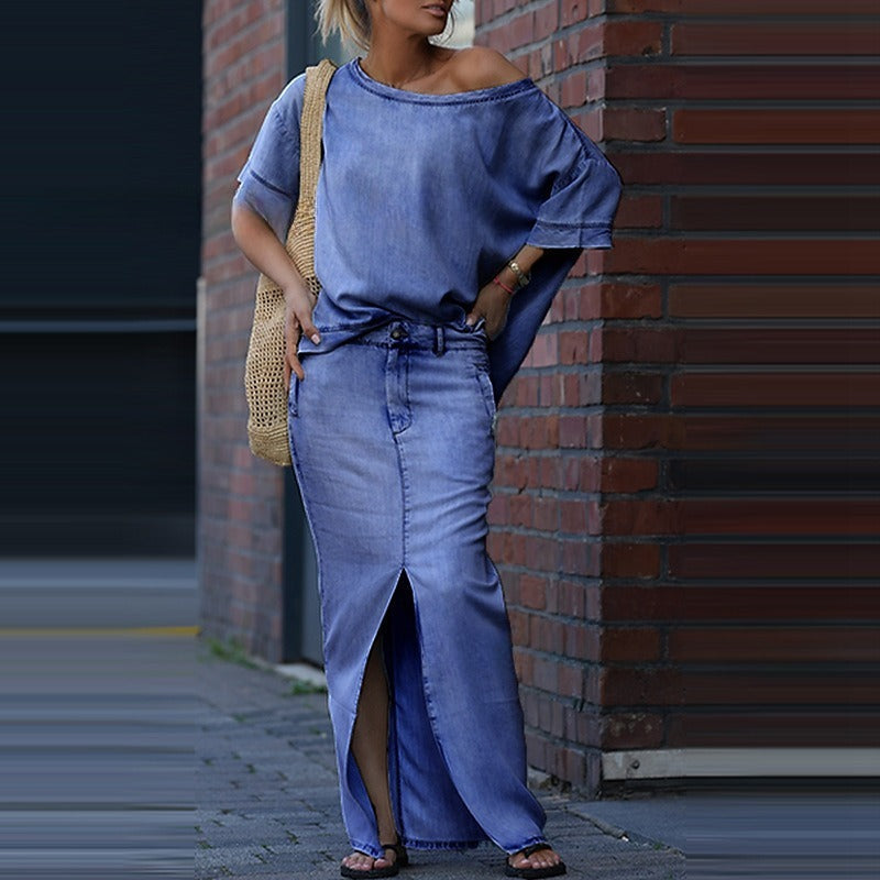 Two-piece Skirt Suits Fashion Loose Bat-sleeved Short Sleeve Top And Slim Fit Slit Maxi Skirt Patchwork Chic Outfit Women's Clothing