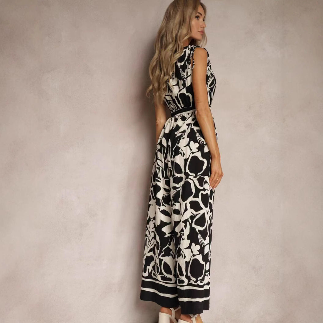 Women's Fashionable Casual V-Neck Printed Sleeveless Jumpsuit