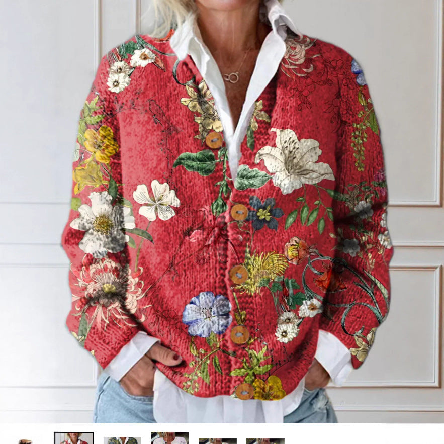 Women's Retro 3D Digital Print Cardigan Sweater Coat