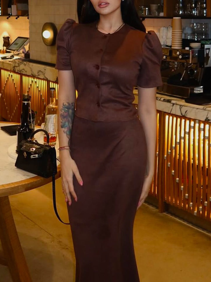 Brown Commuter Puff Sleeve Suede Top Fishtail Skirt Set