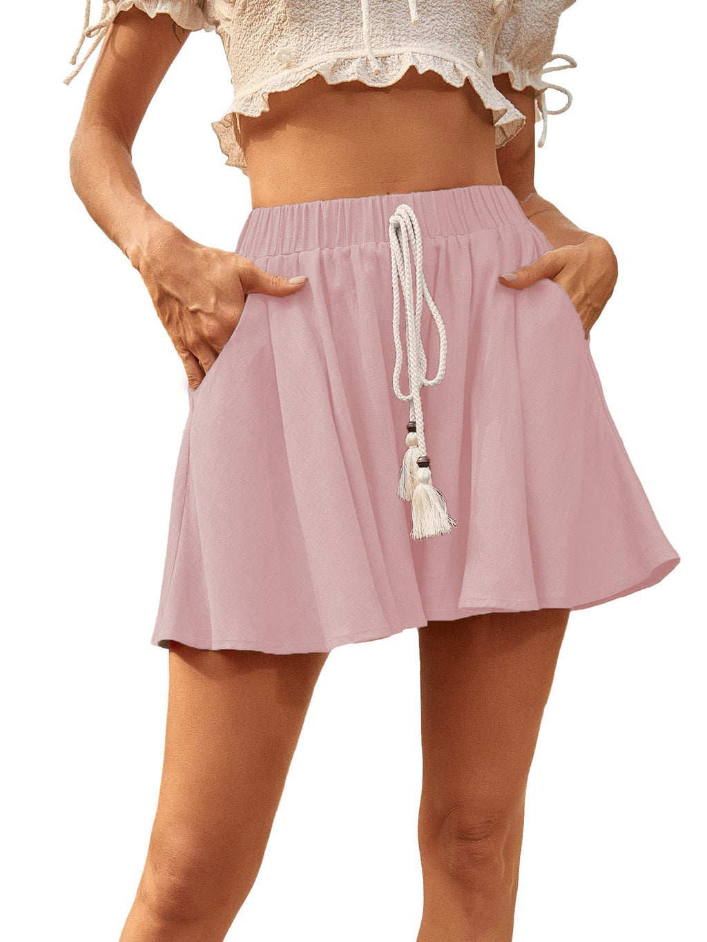 Women's Drawstring Solid-color Cotton-linen Shorts