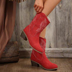 Fashion Chunky-heeled Pointed Toe Boots Winter Ethnic Style Embroidered Mid-Tube Western Shoes Women