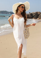 White Suspender Beach Dress Weaving Hollow Crocheted Bottom Slit