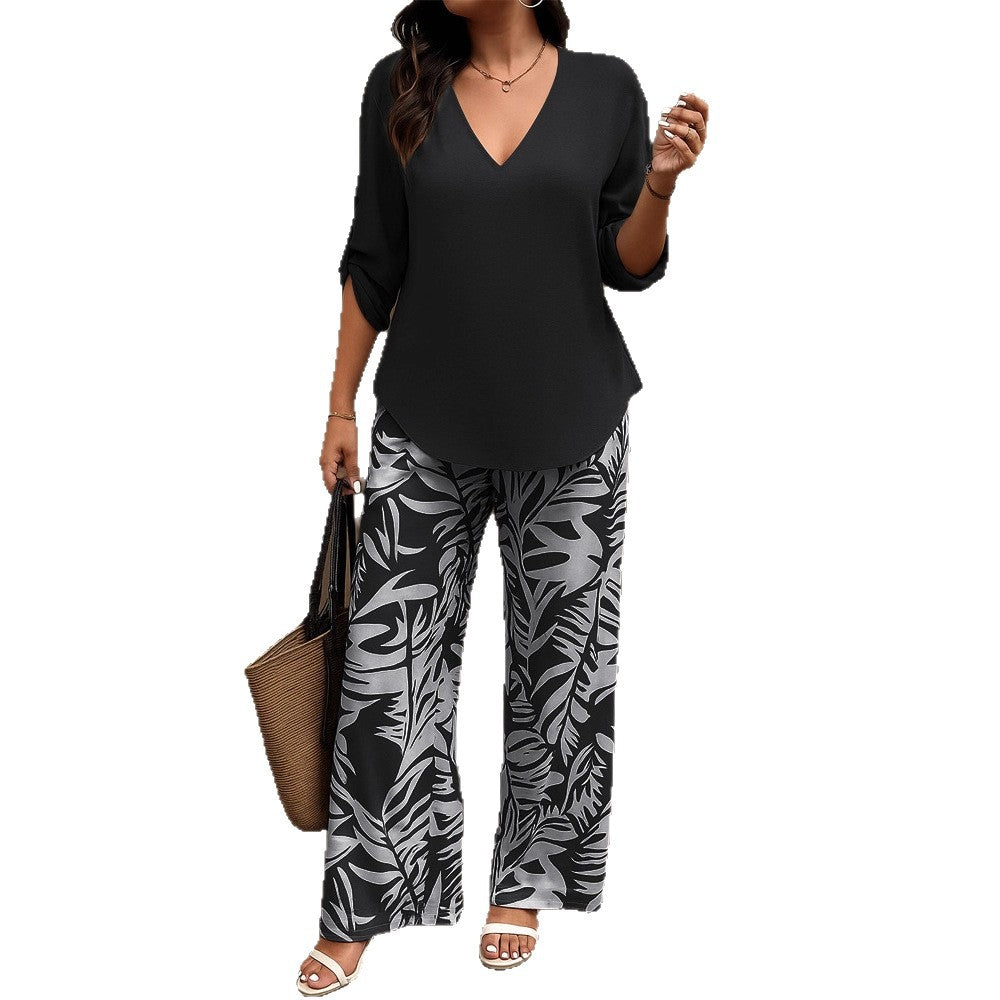 Women's Casual V-Neck Long-Sleeve Pants Set With Digital Print