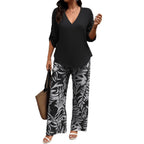 Women's Casual V-Neck Long-Sleeve Pants Set With Digital Print