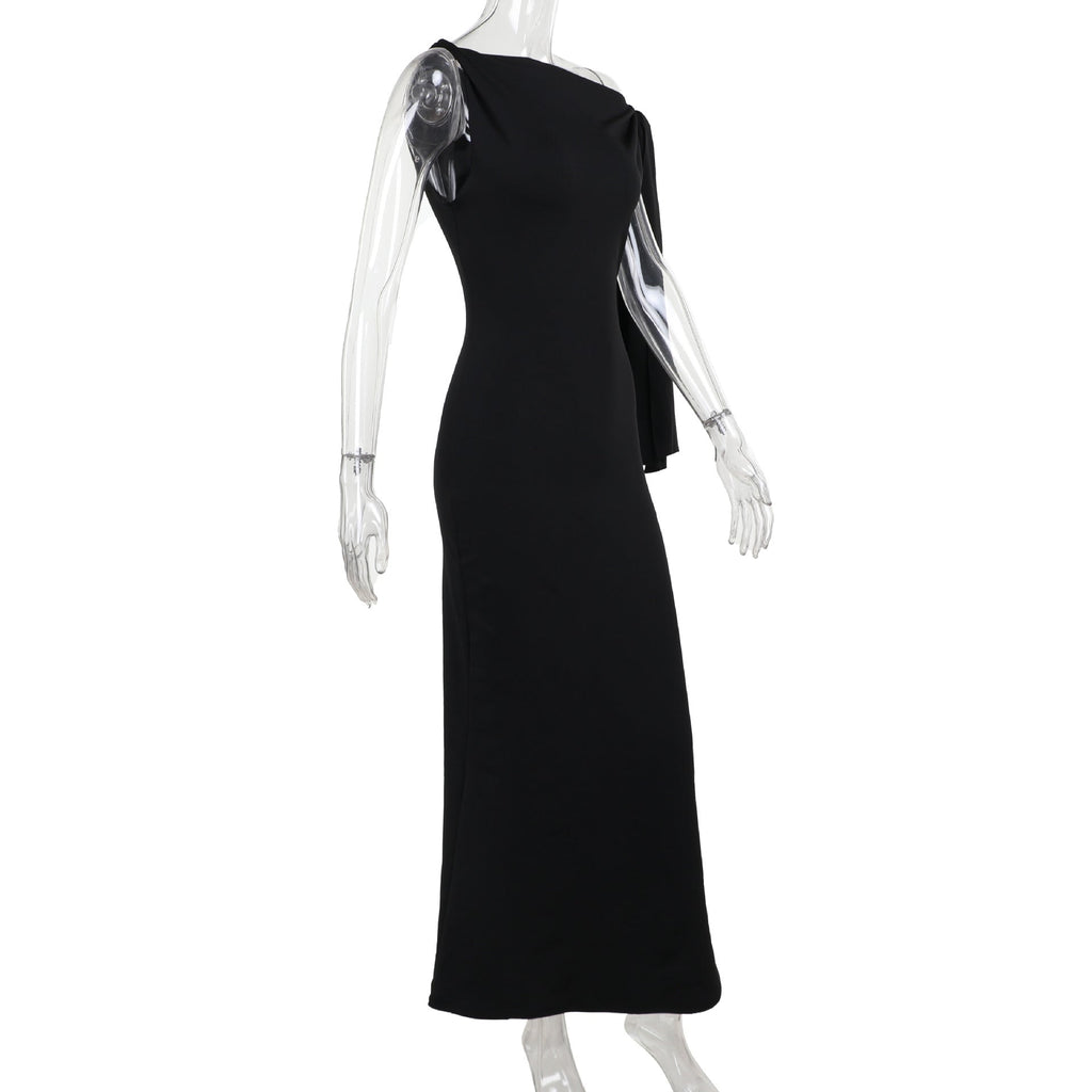 One-shoulder Ribbon Long Dress Ins Fashion Slim Sleeveless Dresses For Evening Party Club Clothing Women